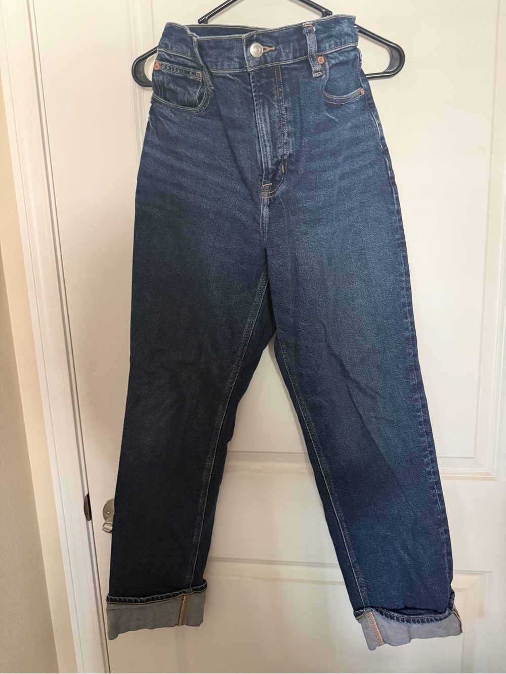 American Eagle Outfitters Super High-Rise Straight-Leg Dark Blue Jeans, Size 10